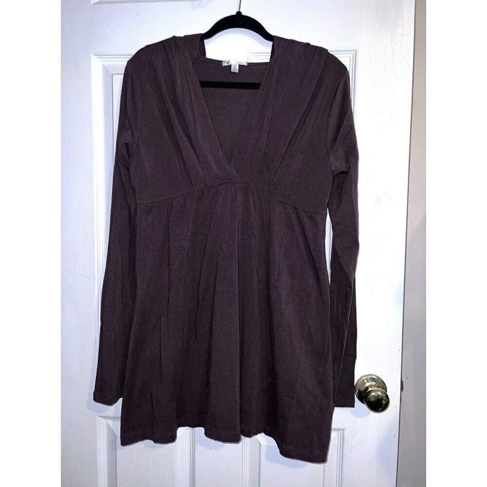 TRESICS Hoodie Tunic V-Neck Stretch Brown Long Sleeve Pouch Pocket Sz XL